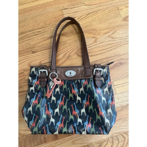 Fossil Giraffe Coatted Canvas Tote Shoulder Bag Keyper Lock Charm Multicolor - Picture 1 of 7